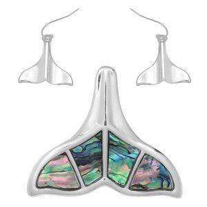 Whale Tail Pendant SET Necklace Earrings Sea Sand Mermaid Abalone Shell Jewelry